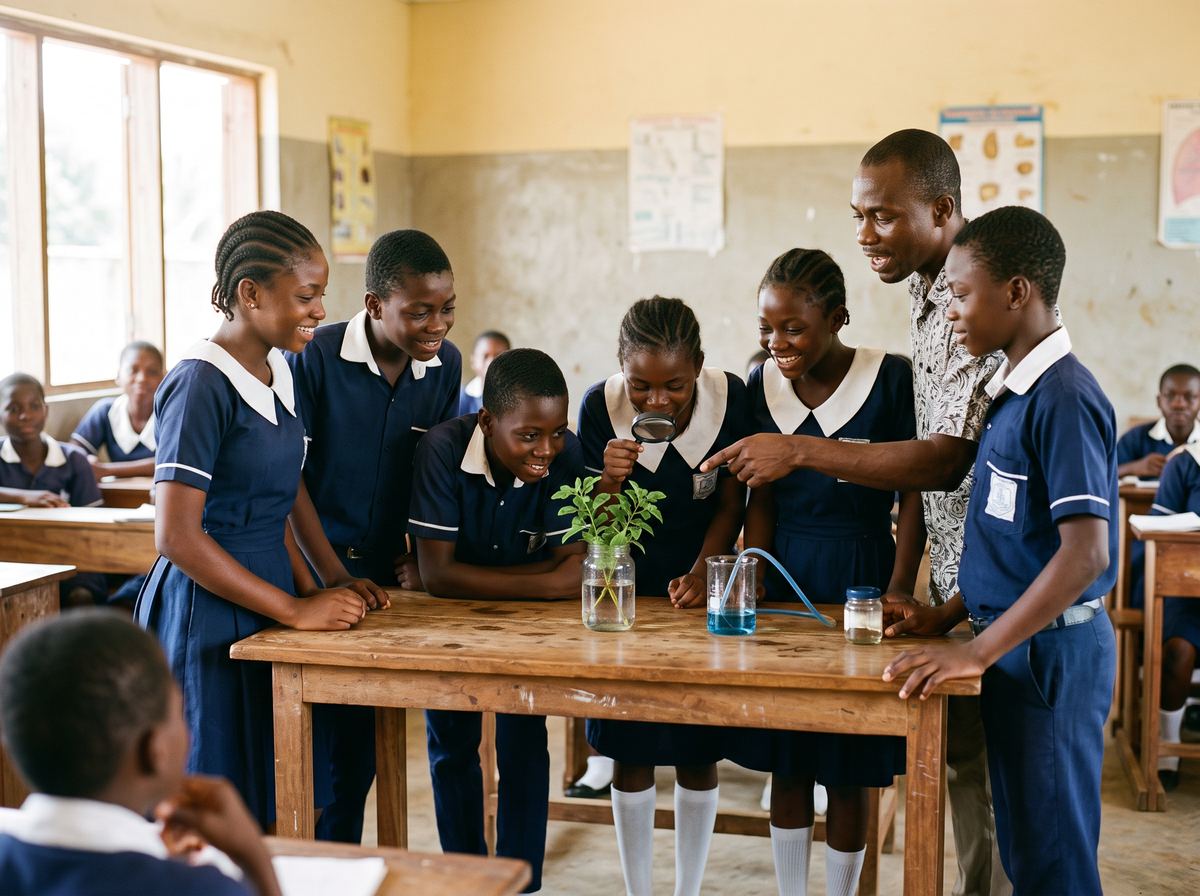 Junior high pupils in navy and white uniforms lean in around a science demonstration while their teacher points to a beaker.